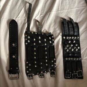 Black Leather Motorcycle Wristbands with Steel Studs and Buckles